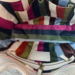 Coach Purse 11615 Ergo White Pebble Leather Legacy Stripe Lining Tote Bag
